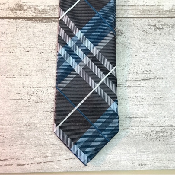 Plaid Men’s Silk Tie Blue Gray Beene - Picture 5 of 7
